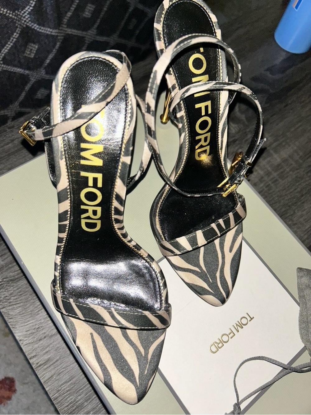 Tom Ford Zebra-Print Pointed Ankle-Strap Heels — Black & Cream